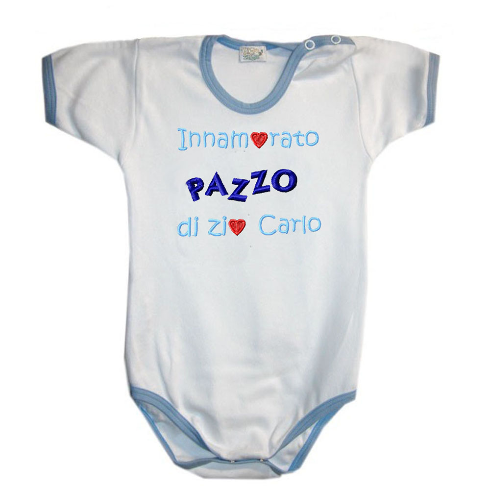 Zigozago Body ricamato per neonato in cotone "Innamorato pazzo di mio zio" azzurro per bimbo BODYLOVEZIO_A