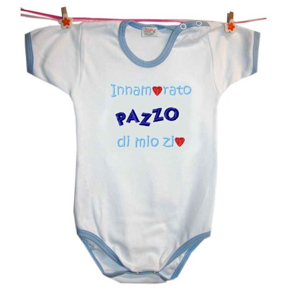 Zigozago Body ricamato per neonato in cotone "Innamorato pazzo di mio zio" azzurro per bimbo BODYLOVEZIO_A - immagine 2