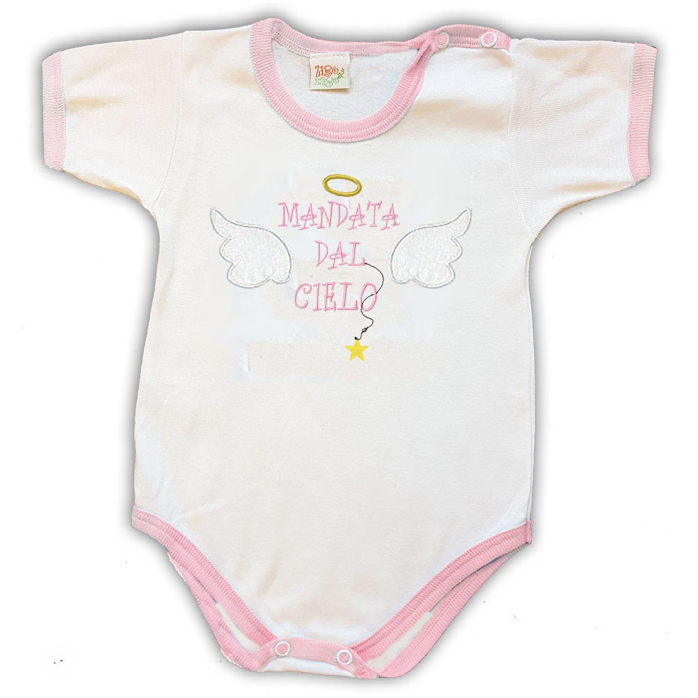 Zigozago Body ricamato per neonato in cotone "Mandato dal cielo" unisex BODYSENT