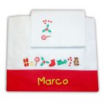 Zigozago Set Lenzuola in piquet di cotone ricamato per culla o lettino "Natale" 3 pezzi rosso unisex