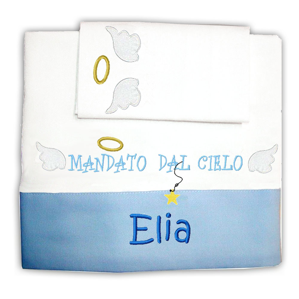 Zigozago Set Lenzuola ricamato per culla o lettino "Mandato dal ciello" 3 pezzi unisex LENZSENT